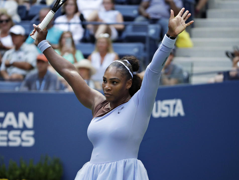 Serena Williams reacts during the fourth round of the U.S. Open tennis tournament against Kaia Kanepi, of Estonia, Sunday, Sept. 2, 2018, in New York. (AP Photo/Carolyn Kaster)