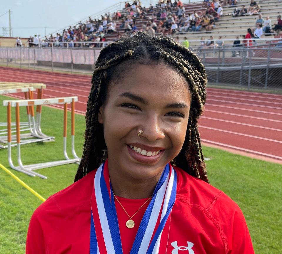 Robstown senior Jazmine Miller won the 100 and 200-meter dash at the District 31-4A/32-4A area track meet in Alice on Thursday, April 21, 2022.