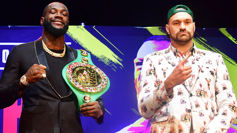 Deontay Wilder and Tyson Fury, pictured here at a news conference ahead of their bout. 