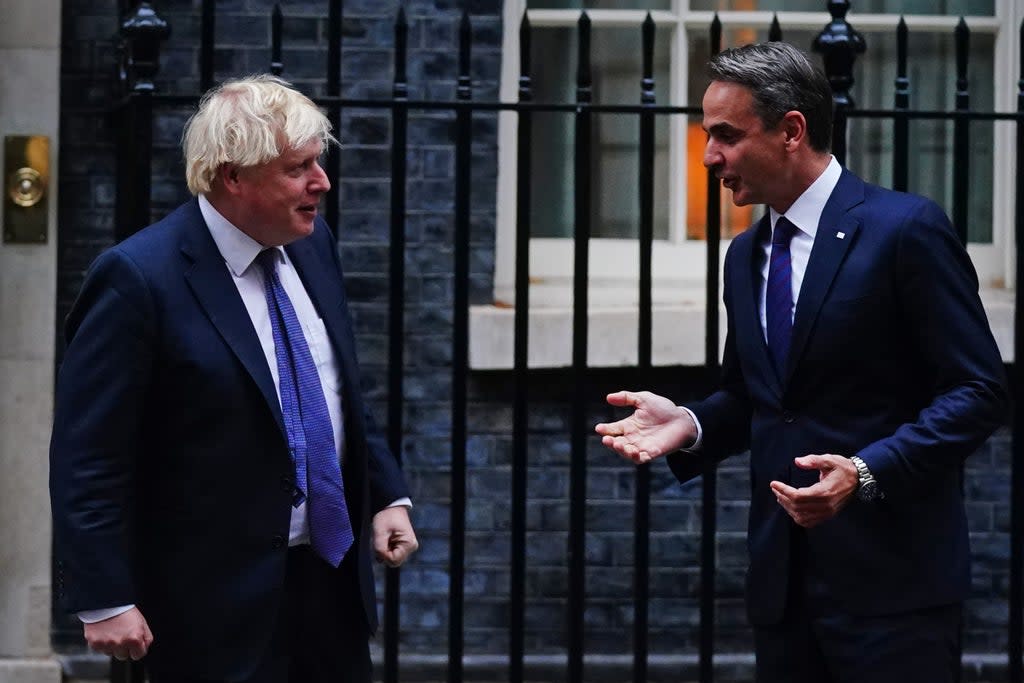 Prime Minister Boris Johnson welcomes the Prime Minister of Greece, Kyriakos Mitsotakis, to 10 Downing Street (Victoria Jones/PA) (PA Wire)