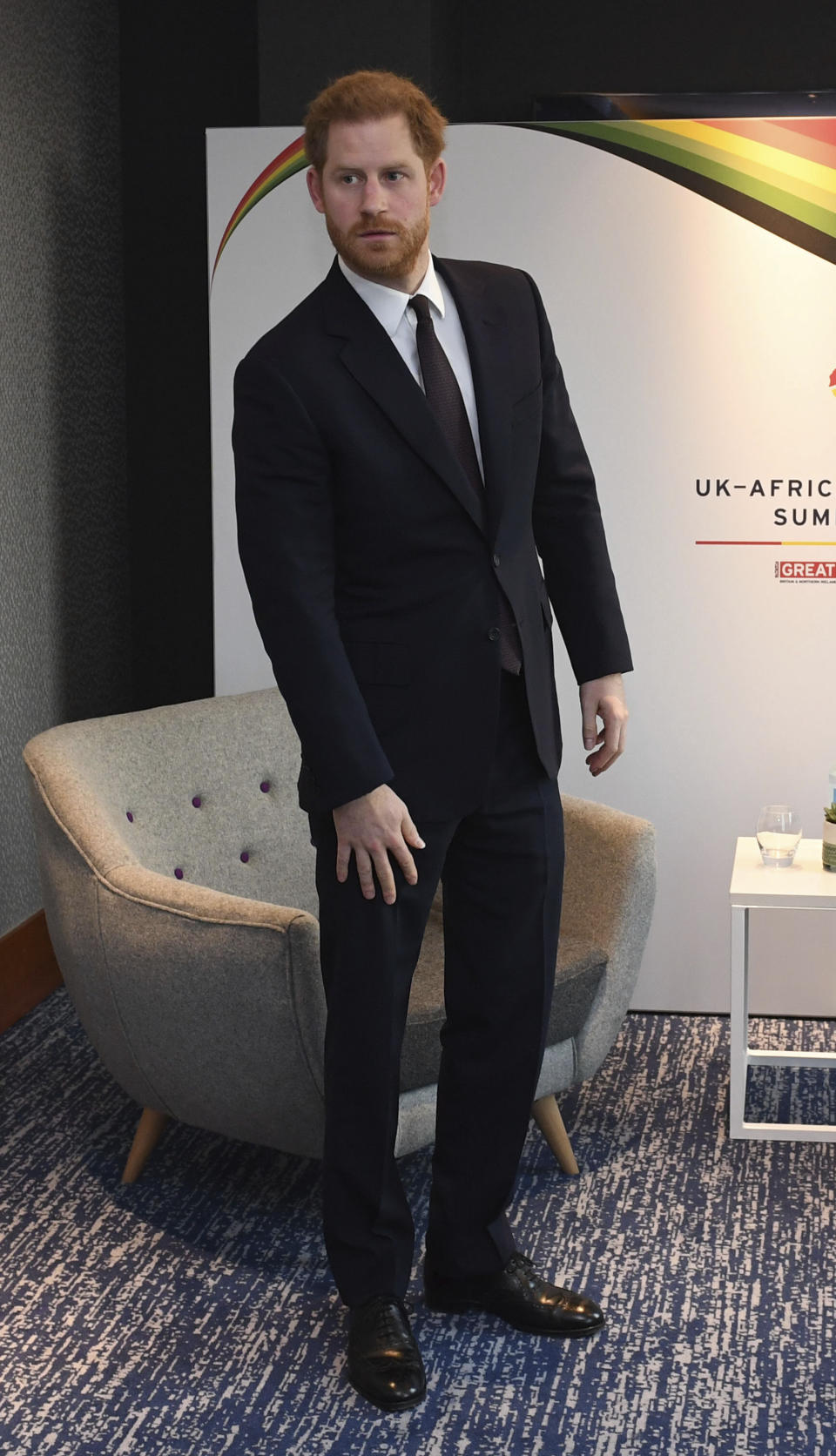 Britain's Prince Harry attends the UK Africa Investment Summit in London, Monday Jan. 20, 2020. Boris Johnson is hosting 54 African heads of state or government in London. The move comes as the U.K. prepares for post-Brexit dealings with the world. (Stefan Rousseau/Pool via AP)