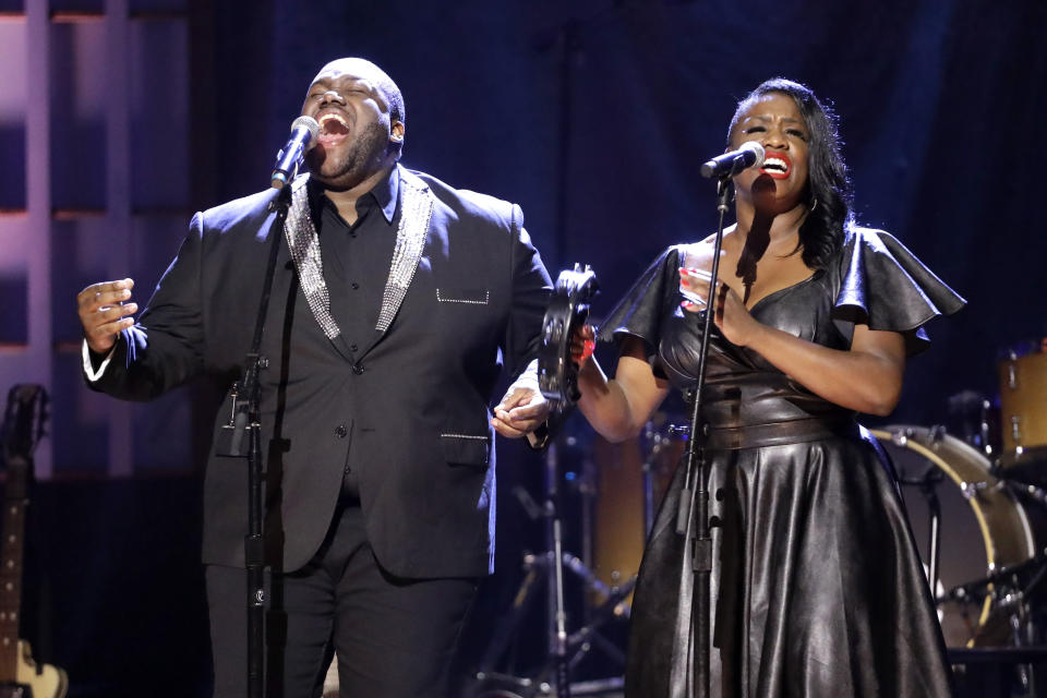 Michael and Tanya Trotter, of the duo The War and Treaty, perform during the Americana Honors & Awards show Wednesday, Sept. 11, 2019, in Nashville, Tenn. (AP Photo/Wade Payne)