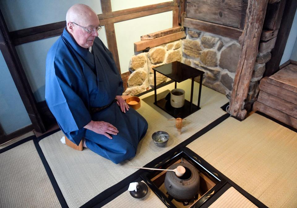 Drew Hanson, owner of Boukakuan Tea House and Garden in Columbus, N.J., demonstrates a traditional Japanese tea ceremony that has an approximately 450-year history. The session includes a demonstration and instruction on the traditional tea ceremony, a walk through the garden, a purification ritual and a brief lecture on the history and development of the ceremony. Jan. 20, 2022.