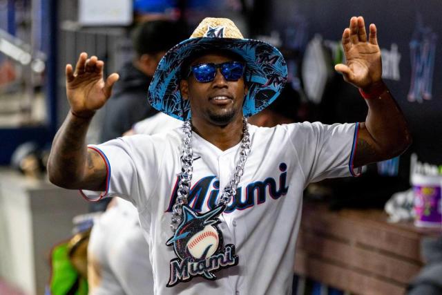 Jorge Soler of the Miami Marlins reacts after his solo home run