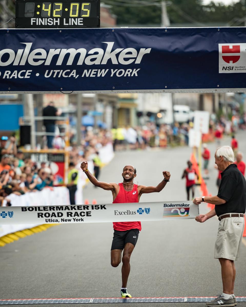 Jemal Yimer of Addis Ababa, Ethiopia, wins the Boilermaker 15K Road Race for the second year in a row with a time of 42:06 in Utica, NY on Sunday, July 9, 2023.