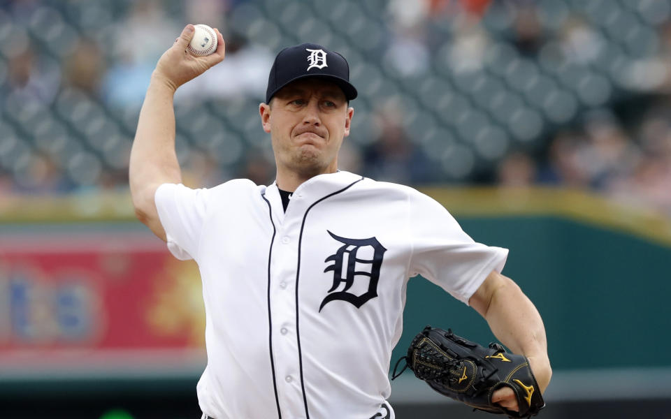 Detroit Tigers starting pitcher Jordan Zimmermann throws during the second inning of the team's baseball game against the Kansas City Royals, Saturday, Sept. 22, 2018, in Detroit. (AP Photo/Carlos Osorio)