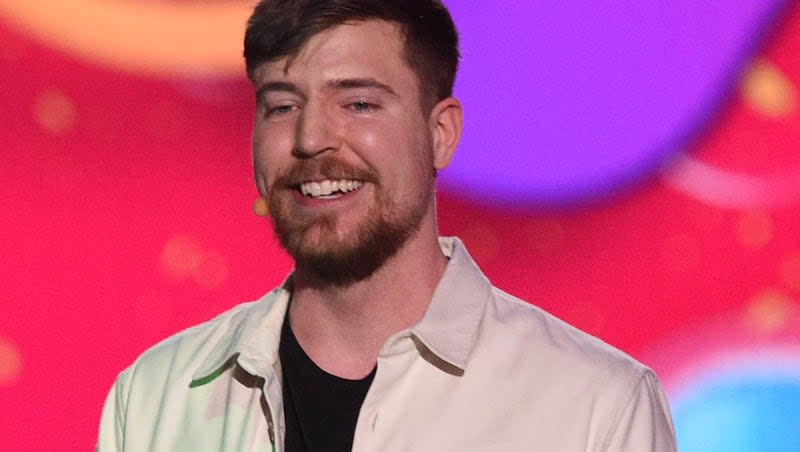 MrBeast accepts the award for favorite male creator during the Nickelodeon Kids' Choice Awards on Saturday, March 4, 2023, at Microsoft Theater in Los Angeles.