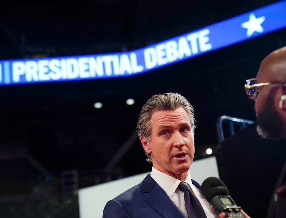 California Governor Gavin Newsom at the Georgia TechÕs McCamish Pavilion prior to the CNN Presidential Debate between President Joe Biden and former President Donald Trump held at CNN's studios in Atlanta. CNN Anchors Jake Tapper and Dana Bash are moderators of the debate.