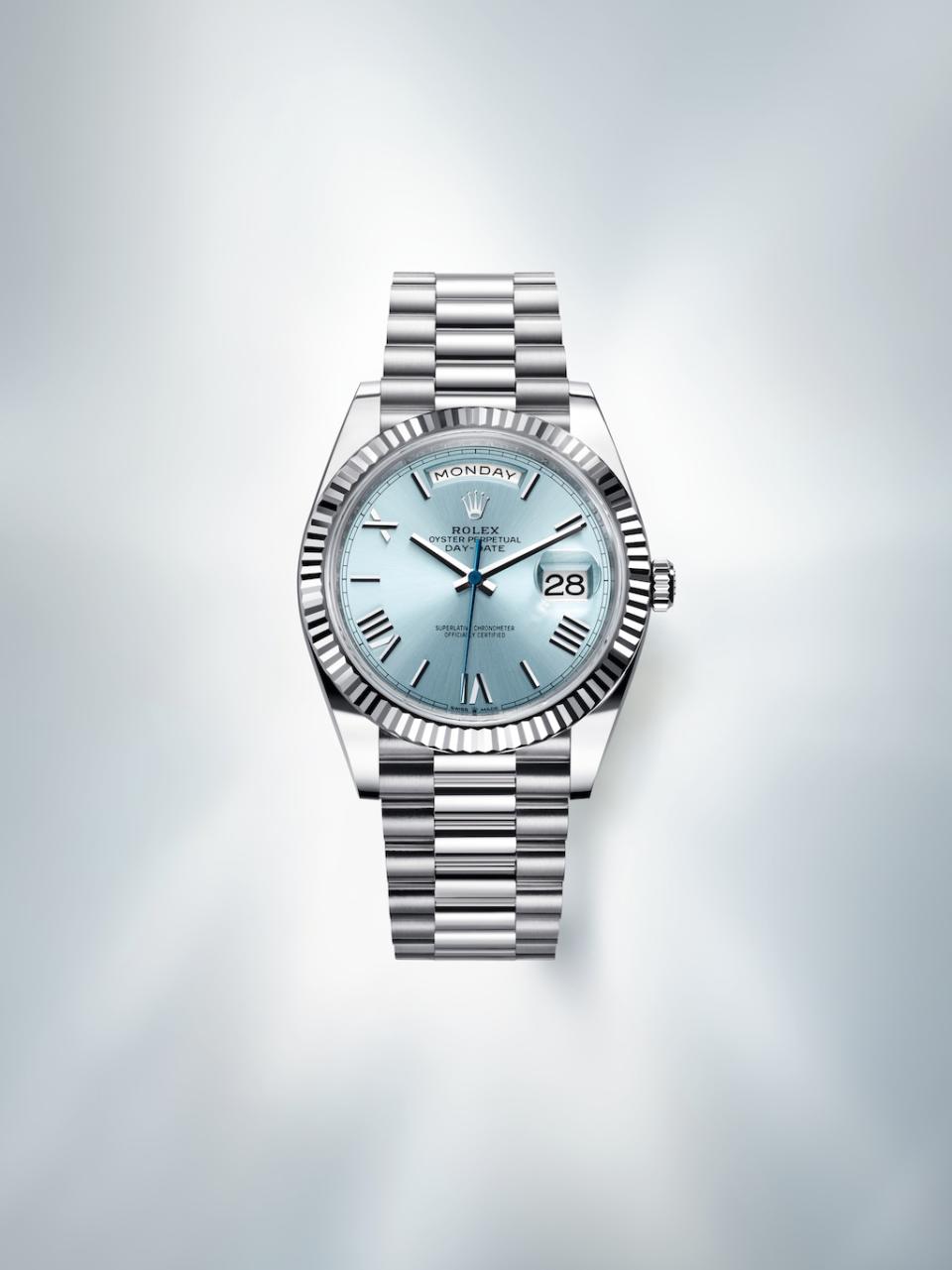 Rolex’s Oyster perpetual day-date 40mm in platinum with fluted bezel and President bracelet, ,350.