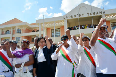 Opposition leaders attend a march in protest after the president denounced unrest in which two people were killed as a "coup" intended to divide the country's people in Antananarivo, Madagascar April 23, 2018. REUTERS/Clarel Faniry Rasoanaivo