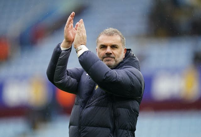 Ange Postecoglou applauds the fans after Tottenham's win at Aston Villa