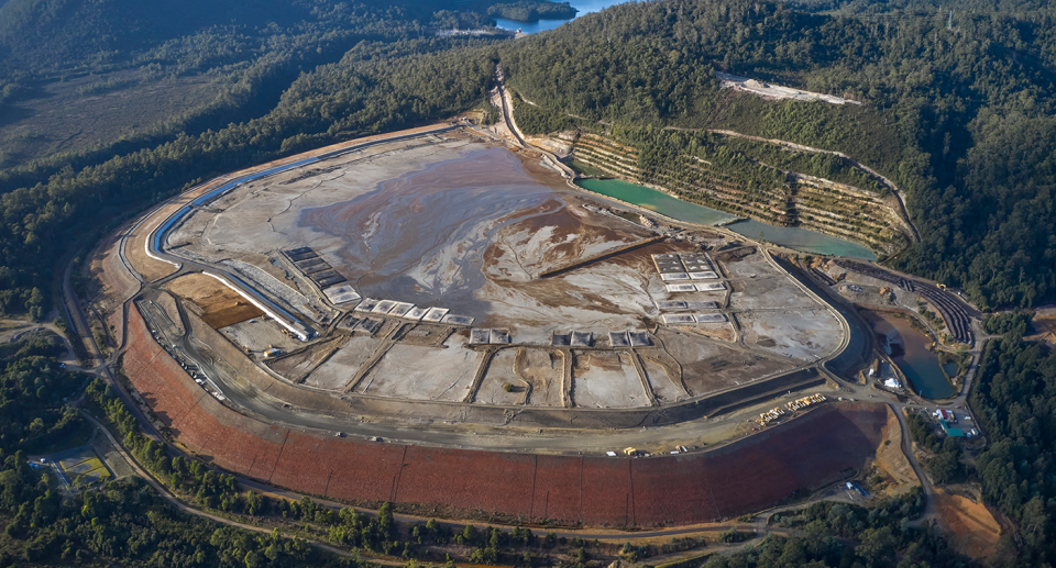 An aerial view of the MMG Rosebery mine's existing tailings dam in Tasmania. Source: AAP