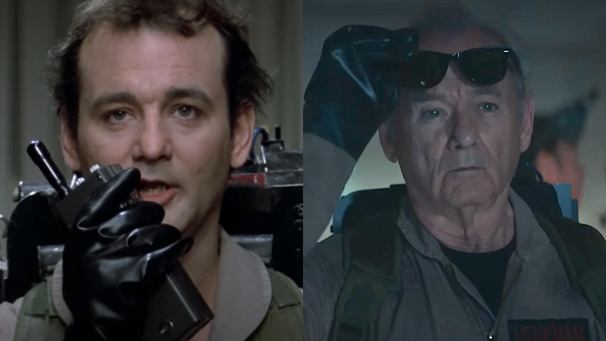  Side by side of Peter in Ghostbusters and older Peter in Ghostbusters: Frozen Empire. 