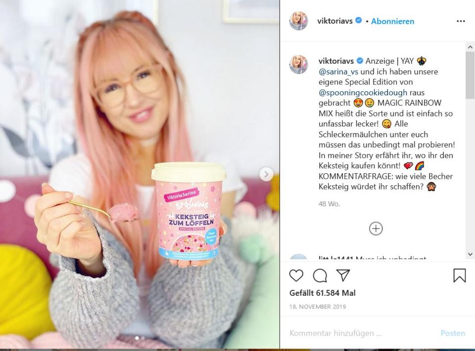 Influencerin Viktoria macht auf Instagram Werbung für Süßigkeiten. (Bild: foodwatch)