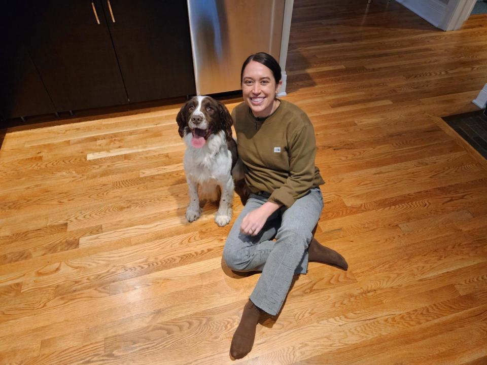 Kristen St. Pierre reunites with her former military working dog Chase after two years. / Credit: Photo courtesy of Kristen St. Pierre