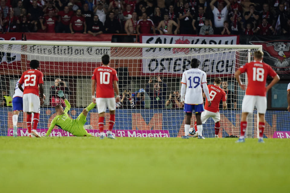 Austria's Marcel Sabitzer scores on a penalty kick his side's second goal during the Euro 2024 group F qualifying soccer match between Austria and Belgium at the Ernst Happel stadium in Vienna, Austria, Friday, Oct. 13, 2023. (AP Photo/Florian Schroetter)