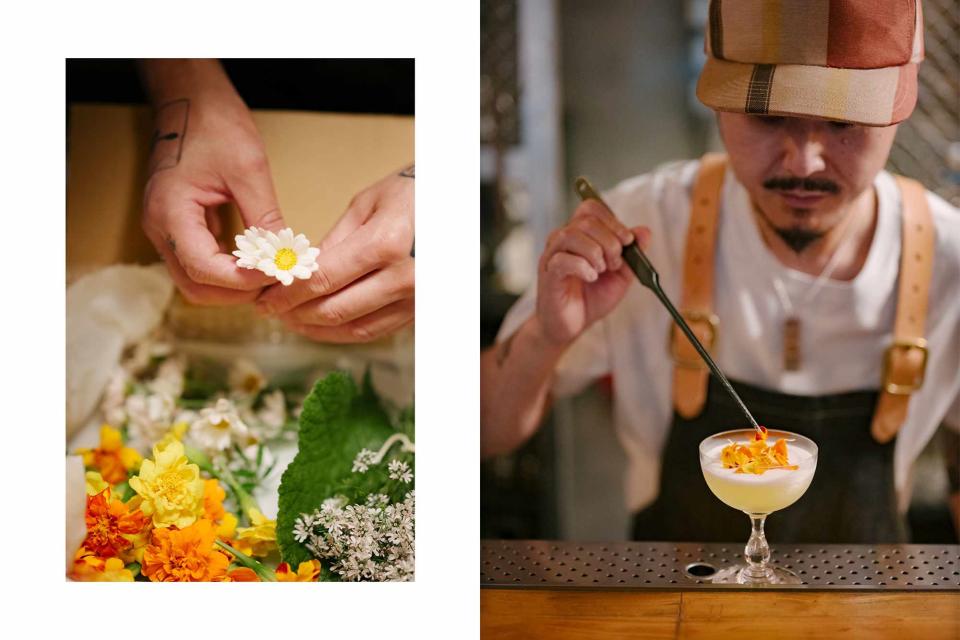 <p>Irwin Wong</p> From left: Prepping ingredients at Liquid Factory, a Shibuya cocktail bar; mixologist Keita Saito arranges marigold petals on a Gardening Day, an alcoholic drink made with curry-leaf-infused spirits and elderflower.