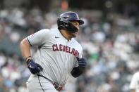Cleveland Guardians' Josh Naylor rounds the bases after hitting a home run off Chicago White Sox pitcher Mike Clevinger during the fourth inning of a baseball game Saturday, May 11, 2024, in Chicago. (AP Photo/Charles Rex Arbogast)