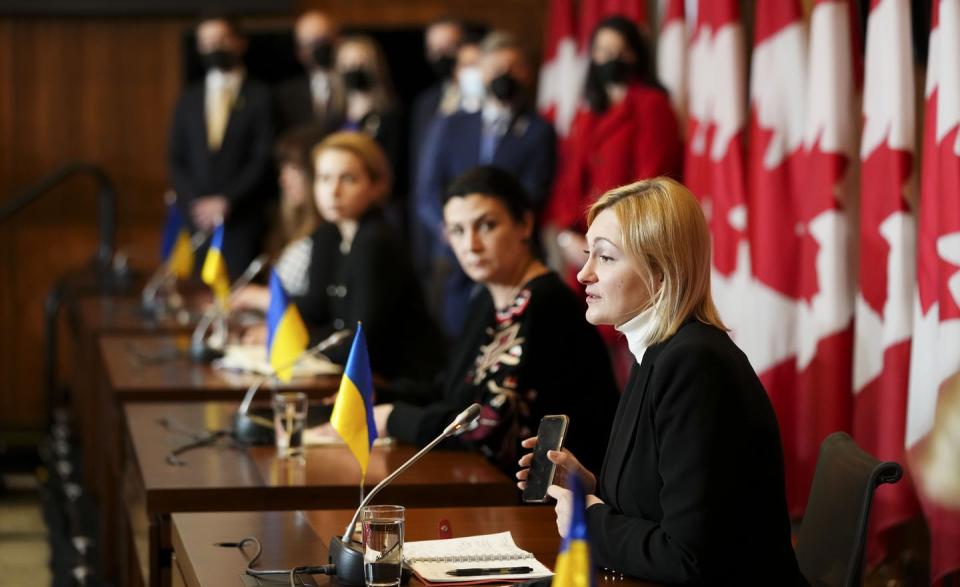 <span class="caption">Yevheniya Kravchuk, right, member of the Ukrainian parliament, speaks during a news conference with other Ukrainian MPs visiting Ottawa on April 1.</span> <span class="attribution"><span class="source">THE CANADIAN PRESS/Sean Kilpatrick</span></span>