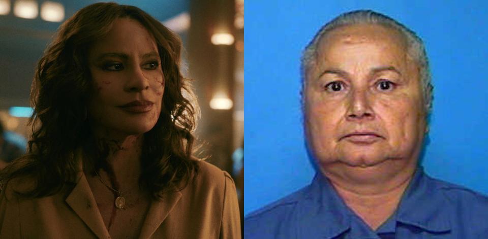 L - Sofía Vergara as Griselda Blanco in Netflix series "Griselda". R - An undated Florida Department of Corrections booking photo of the real Griselda Blanco.