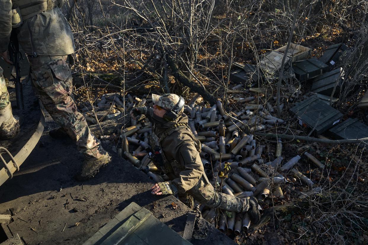 Members of Ukraine's 56th Brigade fire participate in combat duty on Friday in the Bakhmut District of Ukraine (Getty Images)