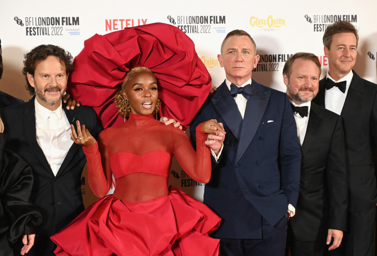 LONDON, ENGLAND - OCTOBER 16: (L-R) Ram Bergman, Janelle Monae, Daniel Craig, Rian Johnson and Edward Norton attend the 