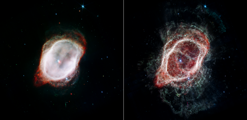 Two images displaying the distribution of gas in the Southern Ring Nebula.