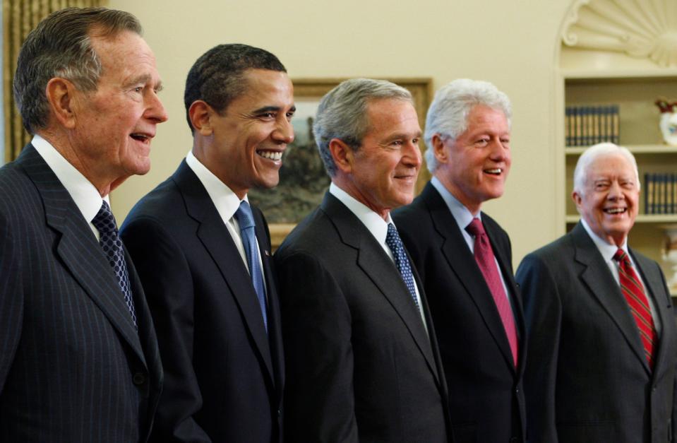 President-elect Barack Obama and, from left, former Presidents George  H.W. Bush, George W. Bush, Bill Clinton and Jimmy Carter on Jan. 7, 2009, in the Oval Office.