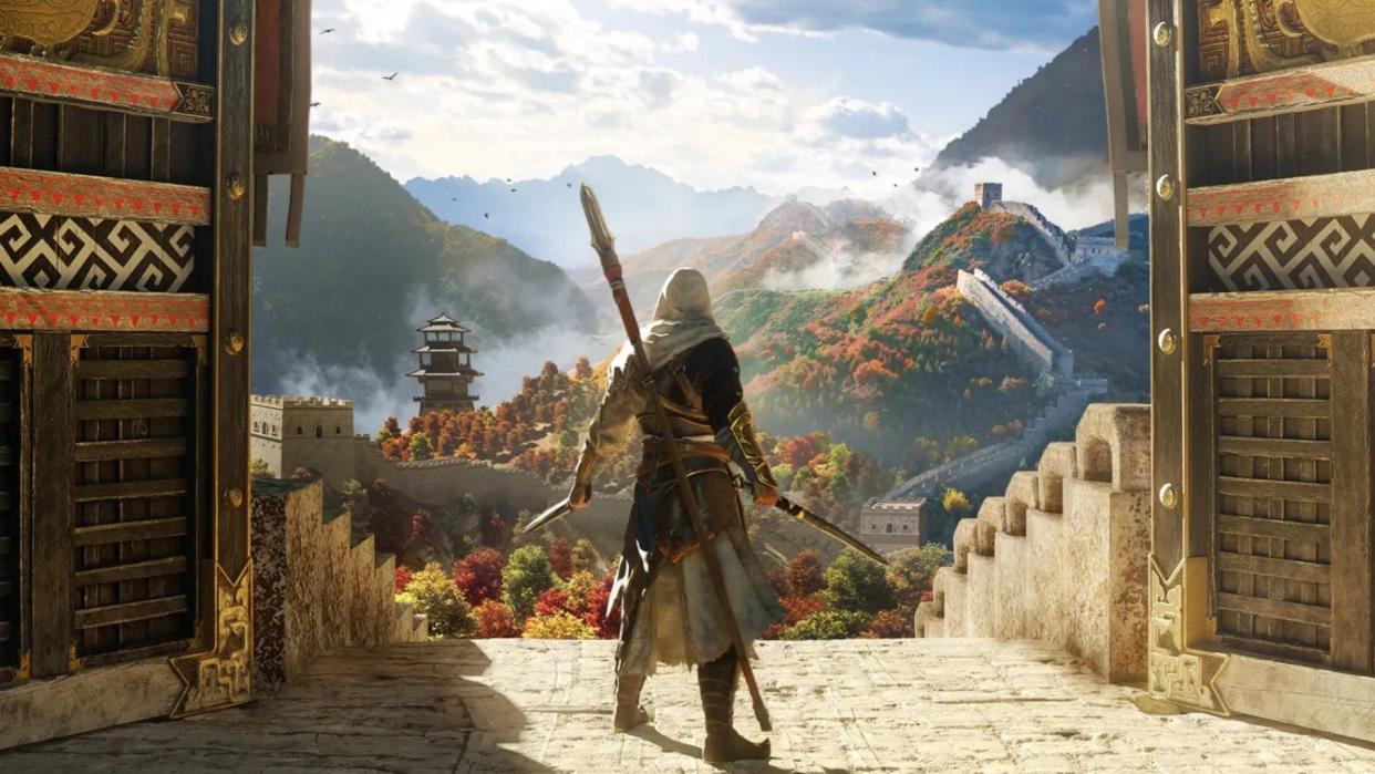  Key art for Assassins Creed codename jade featuring Xia standing between open golden gates overlooking the Great Wall of China. 