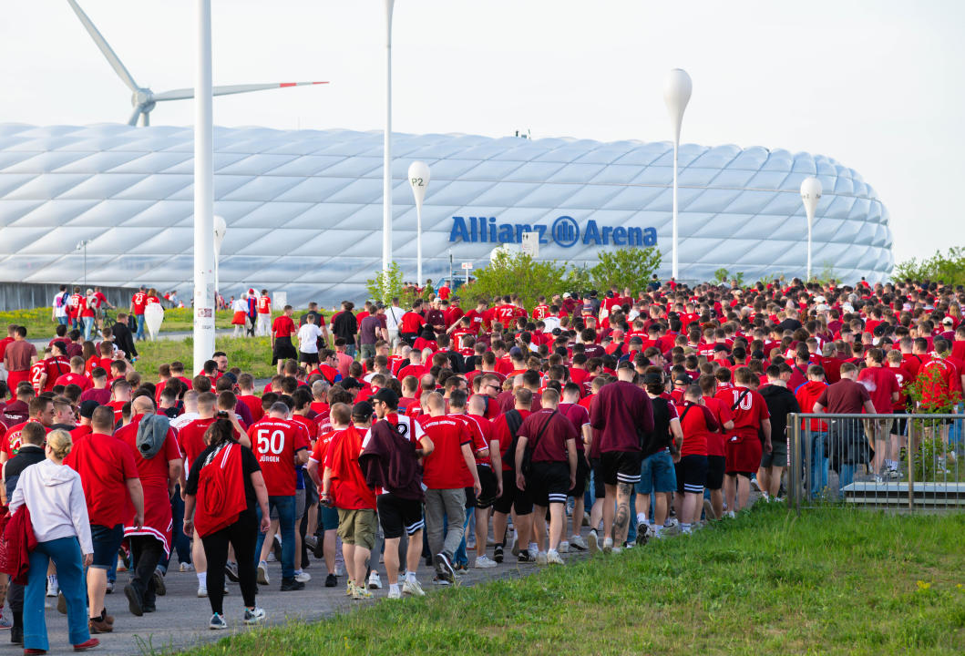 MUNICH, GERMANY - APRIL 30: fans of FC Bayern Muenchen walk to the stadium prior to the UEFA Champions League semi-final first leg match between FC Bayern München and Real Madrid at Allianz Arena on April 30, 2024 in Munich, Germany. (Photo by Silas Schueller/DeFodi Images via Getty Images)