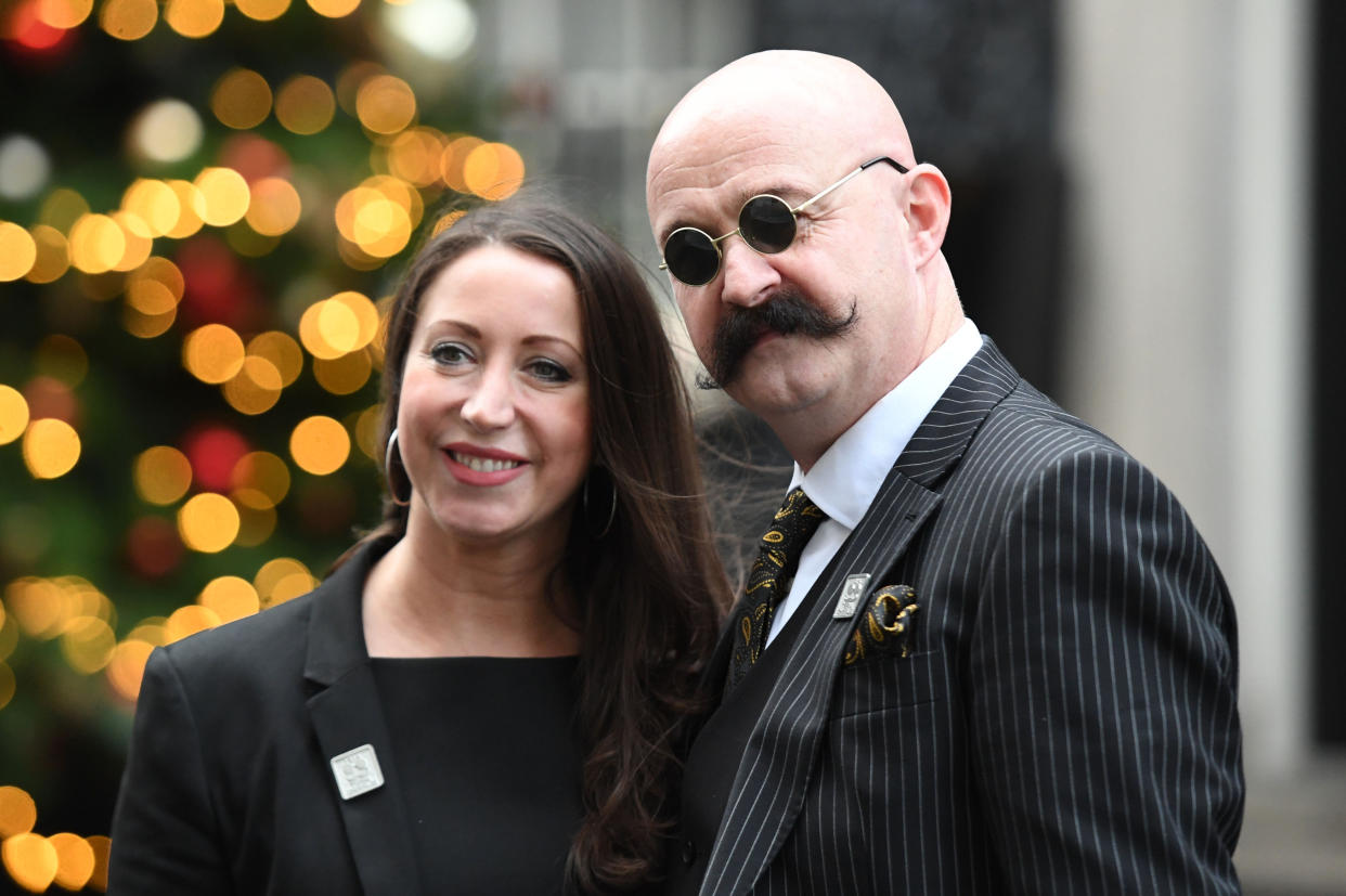 Paula Williamson, the wife of prisoner Charles Bronson, stands in Downing Street, London, with a Charles Bronson look-alike, after delivering a petition to number 10, in support of her husband being released from prison. (Photo by Victoria Jones/PA Images via Getty Images)