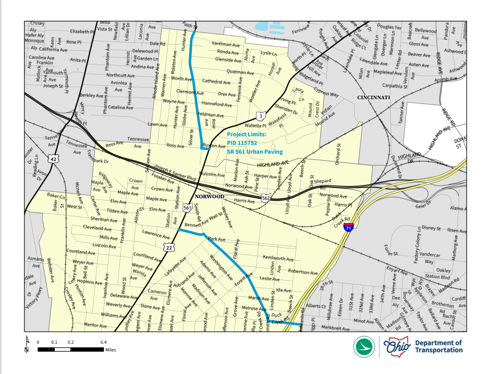 Portions of Ohio 561 (delineated in blue) will be undergoing construction from April 1 to November 1.