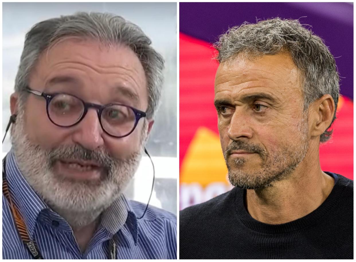 El periodista Emilio Pérez de Rozas y el seleccionador de España Luis Enrique. (Foto: DAZN / Foto Olimpik / NurPhoto / Getty Images).