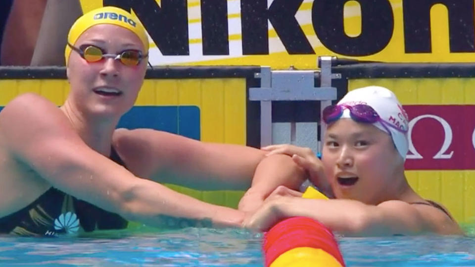 The moment Margaret MacNeil realised she defeated her idol Sarah Sjostrom to win the world title. Pic: FINA