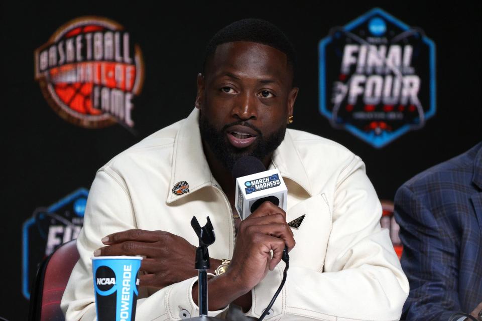 Inductee Dwyane Wade reacts on April 1 at the 2023 Naismith Hall of Fame news conference at NRG Stadium in Houston. Wade enters the 2023 Hall class this weekend.