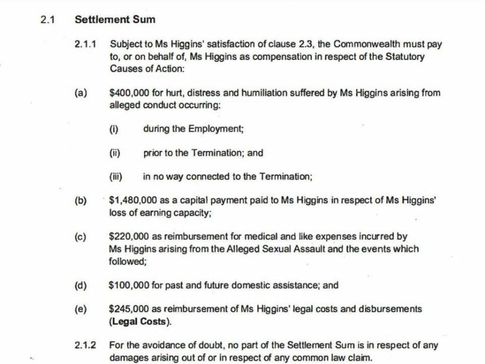 Assignment Freelance Picture The financial details of Brittany Higgins' payout from the\n government. Picture: Supplied.