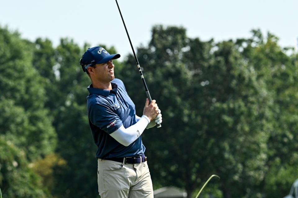 Max Greyserman tees off at the 12 tee box during the first round of the FedEx St. Jude Championship golf tournament at TPC Southwind. Mandatory Credit: Steve Roberts-USA TODAY Sports