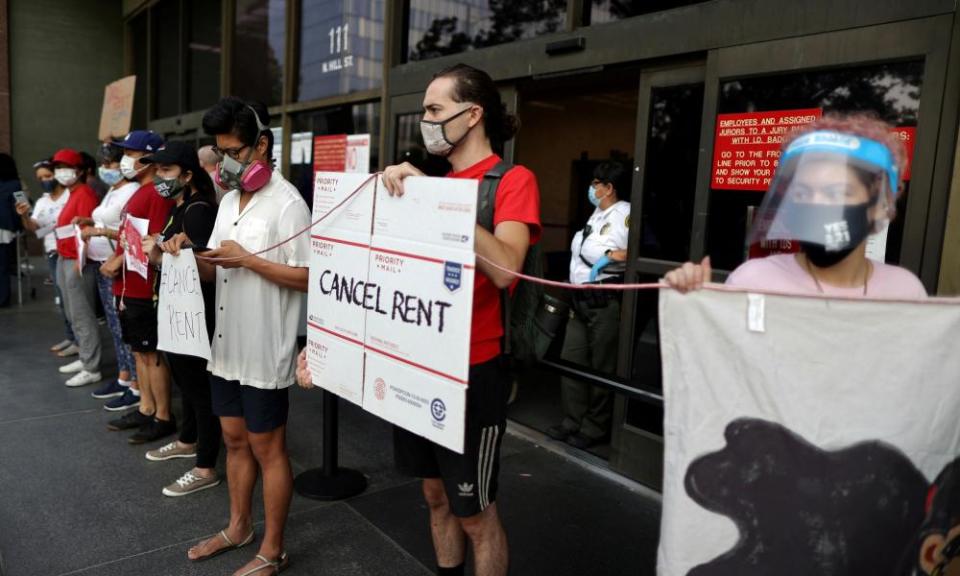 People gather at the LA superior court to call on Gavin Newsom to pass an eviction moratorium, 21 August 2020.