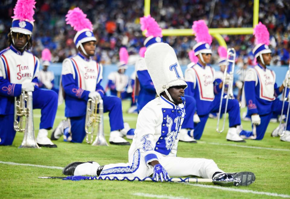 Tennessee State University's Aristocrat of Bands performs during the halftime show at Nissan Stadium during TSU's homecoming game against Bethune-Cookman University in Nashville, Tenn., Saturday, Oct. 8, 2022.