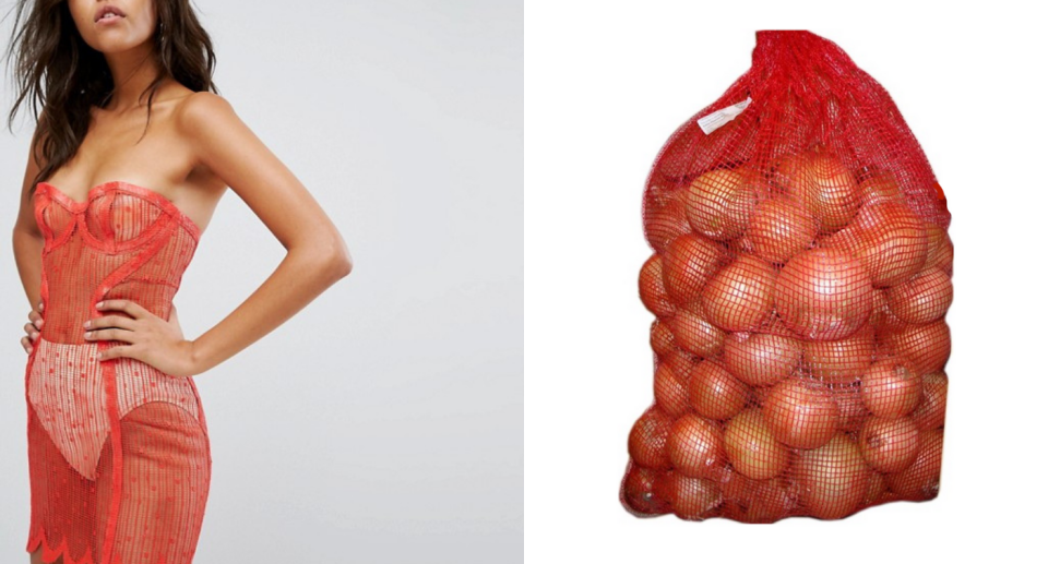 A photo of a model wearing Elissa Poppy's Lacetex Slip Dress next to a bag of onions.