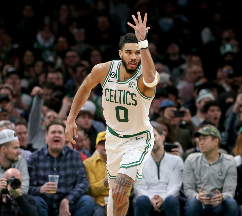 BOSTON, MA - March 1:  Jayson Tatum #0 of the Boston Celtics celebrates during the second half of the NBA game against the Cleveland Cavaliers at the TD Garden on March 1, 2023 in Boston, Massachusetts (Photo by Matt Stone/MediaNews Group/Boston Herald via Getty Images)