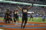 Oregon State offensive lineman Heneli Bloomfield (58) celebrates after his team scored against Florida during the second half of the Las Vegas Bowl NCAA college football game Saturday, Dec. 17, 2022, in Las Vegas. (AP Photo/John Locher)
