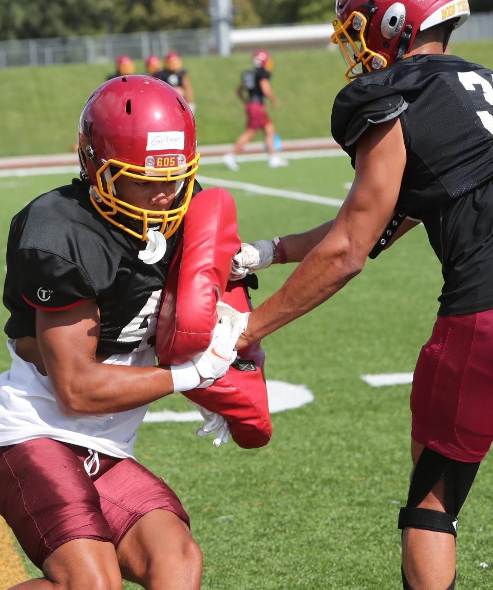 Defensive backs Hayden Gilbert, left, and Dominic Miller work on drills during a Northern State University football practice last week. The Wolves open the season tonight against Upper Iowa at Dacotah Bank Stadium. Kickoff is 6 p.m.