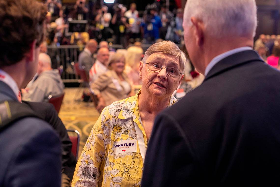 Delegate Dianne Layden of Perquimans County, N.C. talks with former Vice President Mike Pence during the North Carolina Republican Party Convention at the Koury Convention Center on Saturday, June 10, 2023 in Greensboro, N.C.