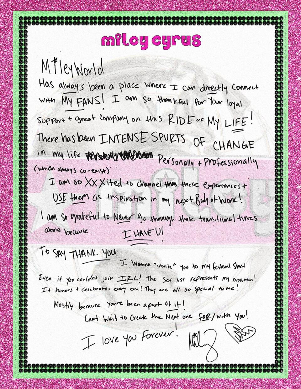 Miley Cyrus letter