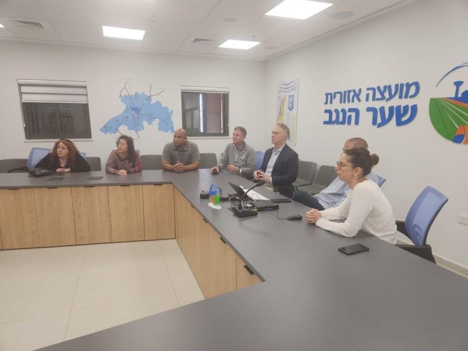 Mayor Jon Mitchell and a group of mayors and officials from the U.S. Conference of Mayors and Project Interchange listen during a presentation by the acting Mayor of Sha’ar HaNegev during the trip to Israel earlier this week.