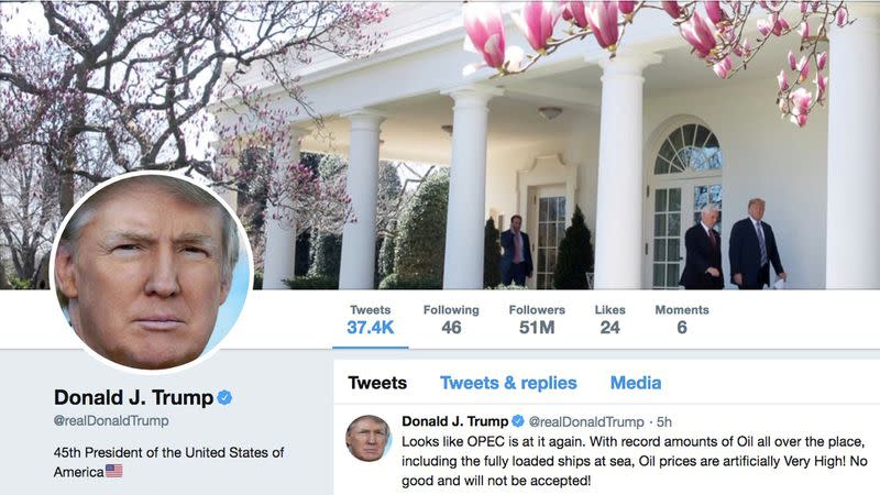 FILE PHOTO: The masthead of U.S. President Donald Trump's @realDonaldTrump Twitter account
