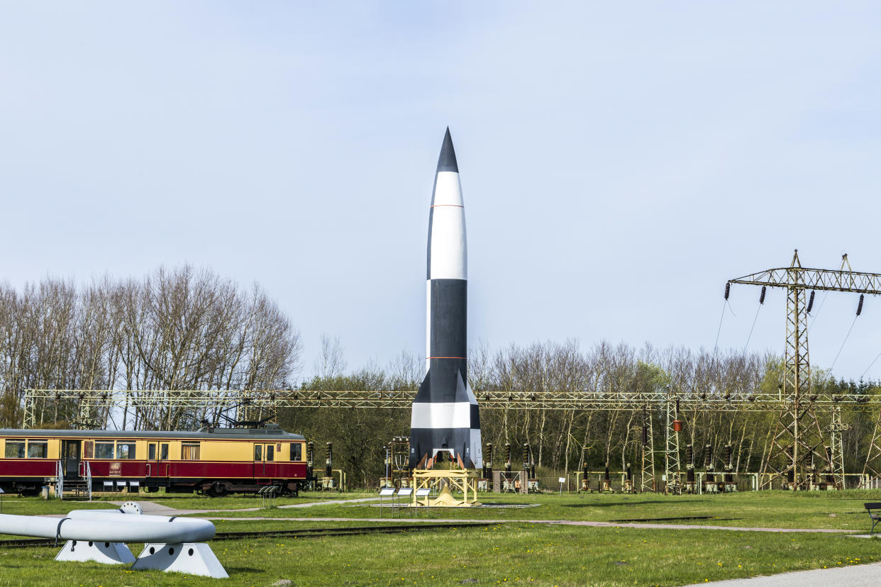 Peenemuende, Germany - April 17, 2014: German WW2 V2 rocket in Peenemuende, Germany. From 1943 onwards large numbers of the rocket were manucactured in underground production facilities.