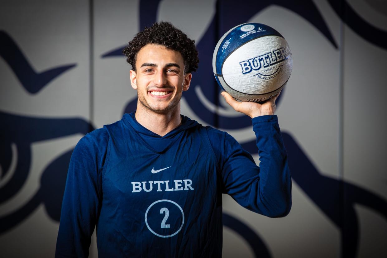Butler University basketball player Artemios Gavalas at Media Day on Wednesday, Oct. 17, 2023, in the Butler University practice gym in Indianapolis.