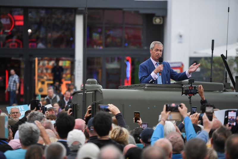 Britain's Reform UK Party Leader Nigel Farage campaigns in Clacton